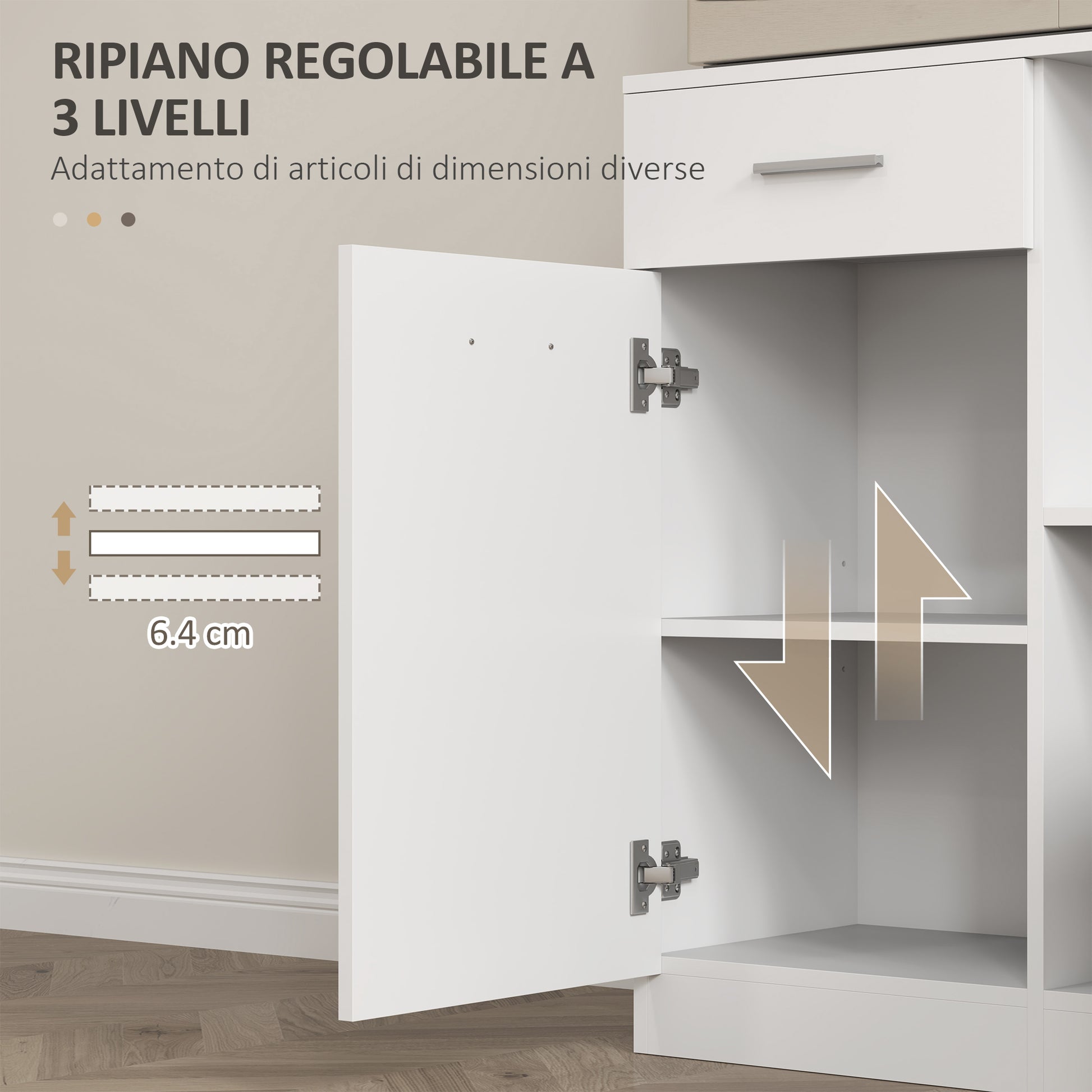 Tall Kitchen Cabinet with Drawer, 4 Cabinets, and 3 Open Compartments, Pantry Cabinet with Adjustable Wooden Shelf, for Living Room and Kitchen, 80x35x180 cm, White