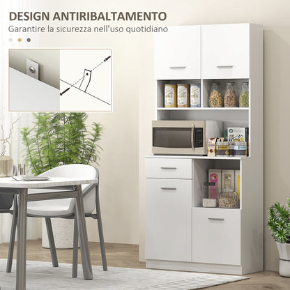 Tall Kitchen Cabinet with Drawer, 4 Cabinets, and 3 Open Compartments, Pantry Cabinet with Adjustable Wooden Shelf, for Living Room and Kitchen, 80x35x180 cm, White