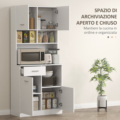 Tall Kitchen Cabinet with Drawer, 4 Cabinets, and 3 Open Compartments, Pantry Cabinet with Adjustable Wooden Shelf, for Living Room and Kitchen, 80x35x180 cm, White