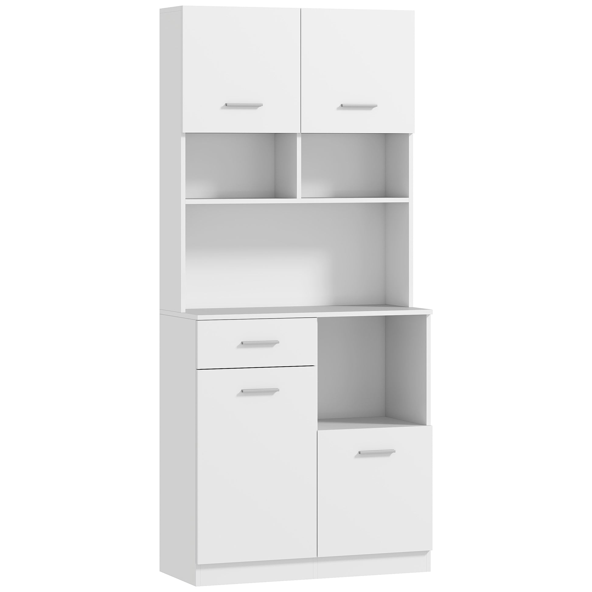 Tall Kitchen Cabinet with Drawer, 4 Cabinets, and 3 Open Compartments, Pantry Cabinet with Adjustable Wooden Shelf, for Living Room and Kitchen, 80x35x180 cm, White
