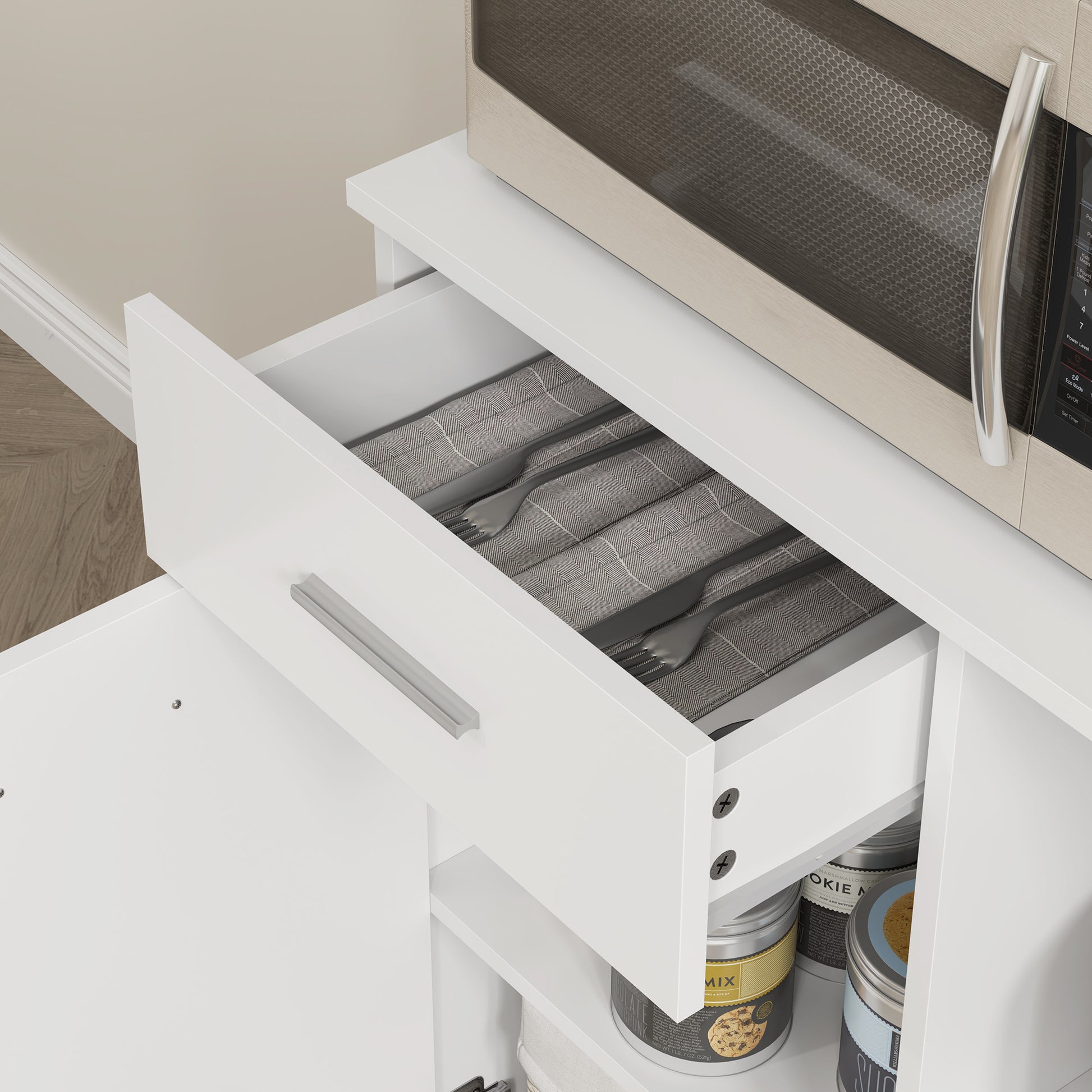 Tall Kitchen Cabinet with Drawer, 4 Cabinets, and 3 Open Compartments, Pantry Cabinet with Adjustable Wooden Shelf, for Living Room and Kitchen, 80x35x180 cm, White