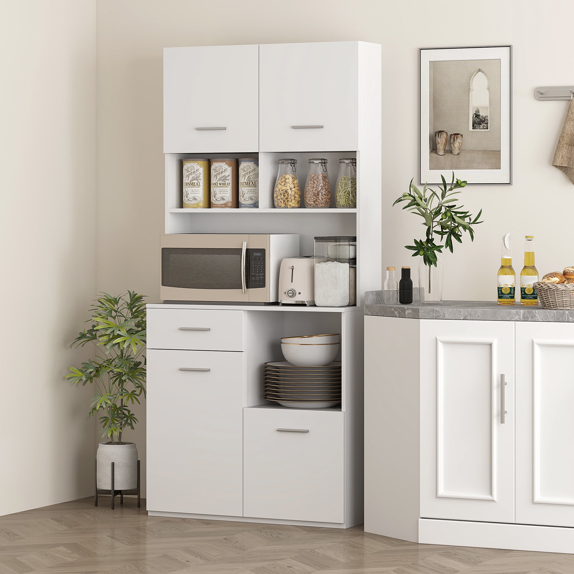Tall Kitchen Cabinet with Drawer, 4 Cabinets, and 3 Open Compartments, Pantry Cabinet with Adjustable Wooden Shelf, for Living Room and Kitchen, 80x35x180 cm, White