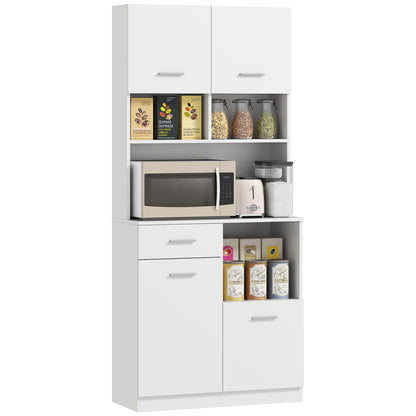 Tall Kitchen Cabinet with Drawer, 4 Cabinets, and 3 Open Compartments, Pantry Cabinet with Adjustable Wooden Shelf, for Living Room and Kitchen, 80x35x180 cm, White