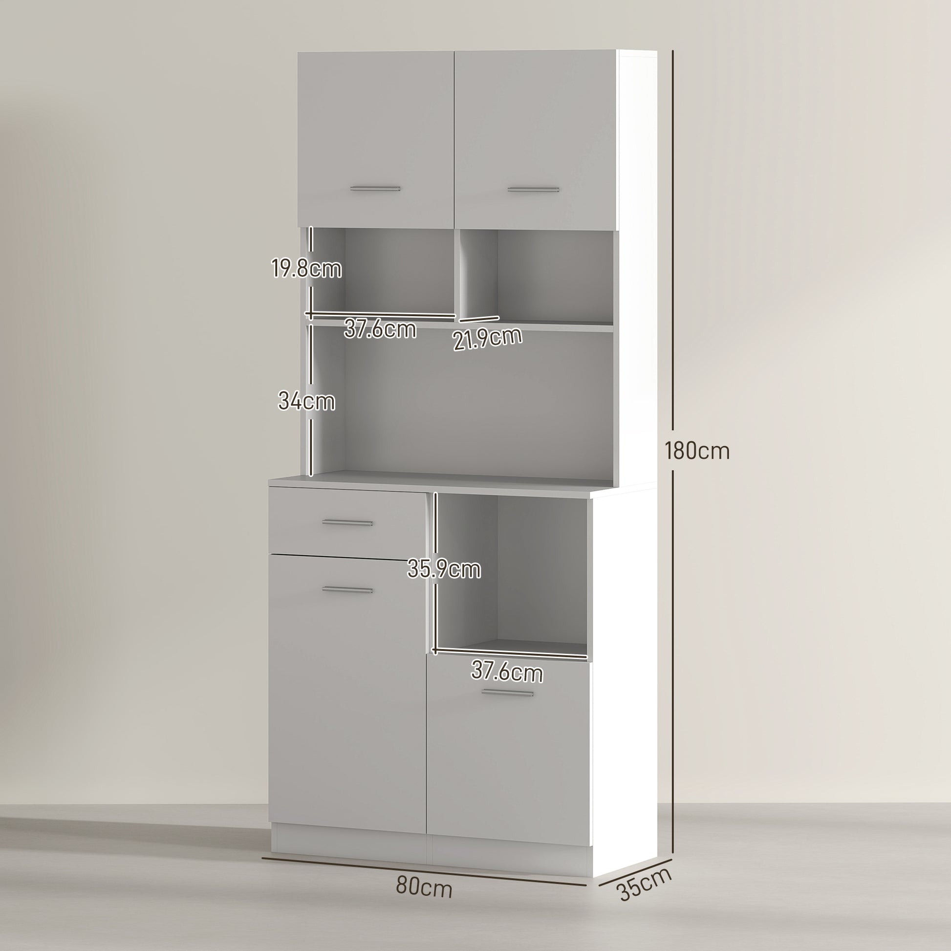 Tall Kitchen Cabinet with Drawer, 4 Cabinets, and 3 Open Compartments, Pantry Cabinet with Adjustable Wooden Shelf, for Living Room and Kitchen, 80x35x180 cm, White
