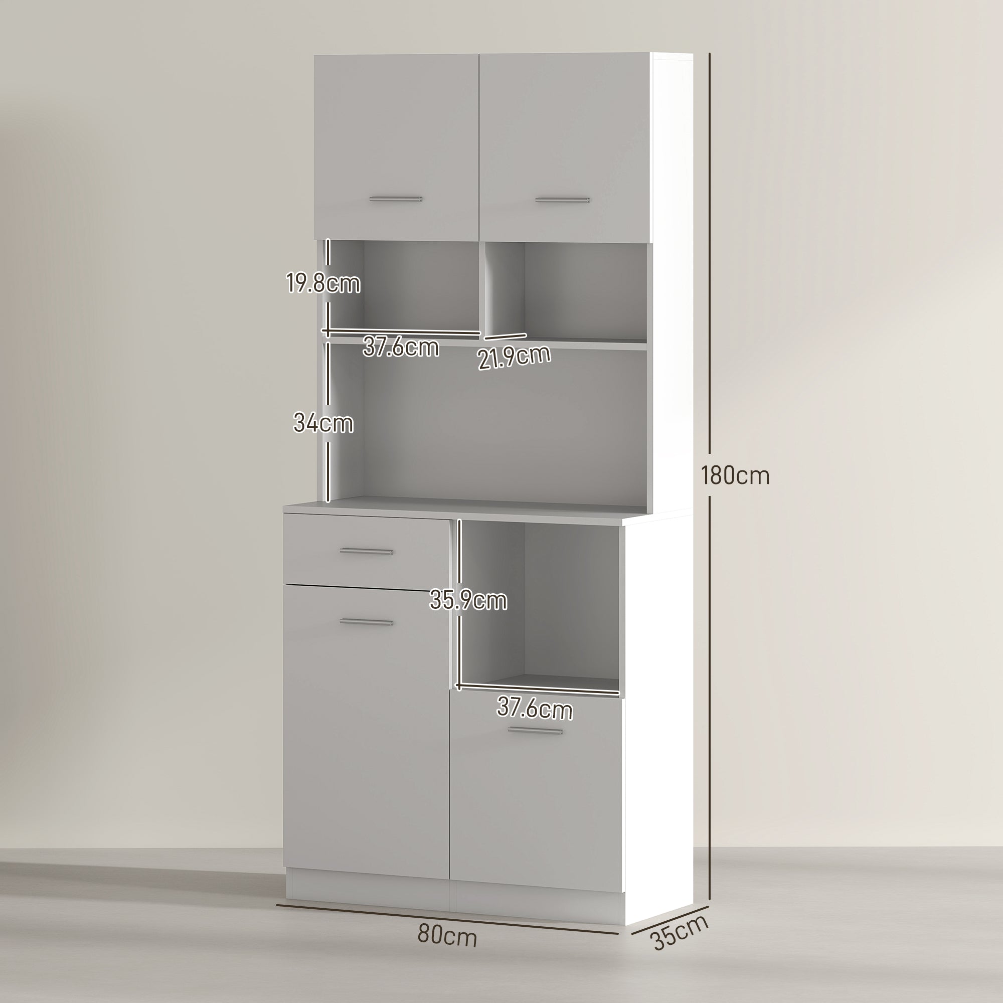 Tall Kitchen Cabinet with Drawer, 4 Cabinets, and 3 Open Compartments, Pantry Cabinet with Adjustable Wooden Shelf, for Living Room and Kitchen, 80x35x180 cm, White