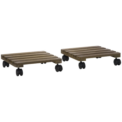 Set of 2 Plant Rollers, Flower Roller, Rolling Plant Stand with Brakes, 30 x 30 cm for Indoor and Outdoor Plants, Pine Wood, Dark Brown
