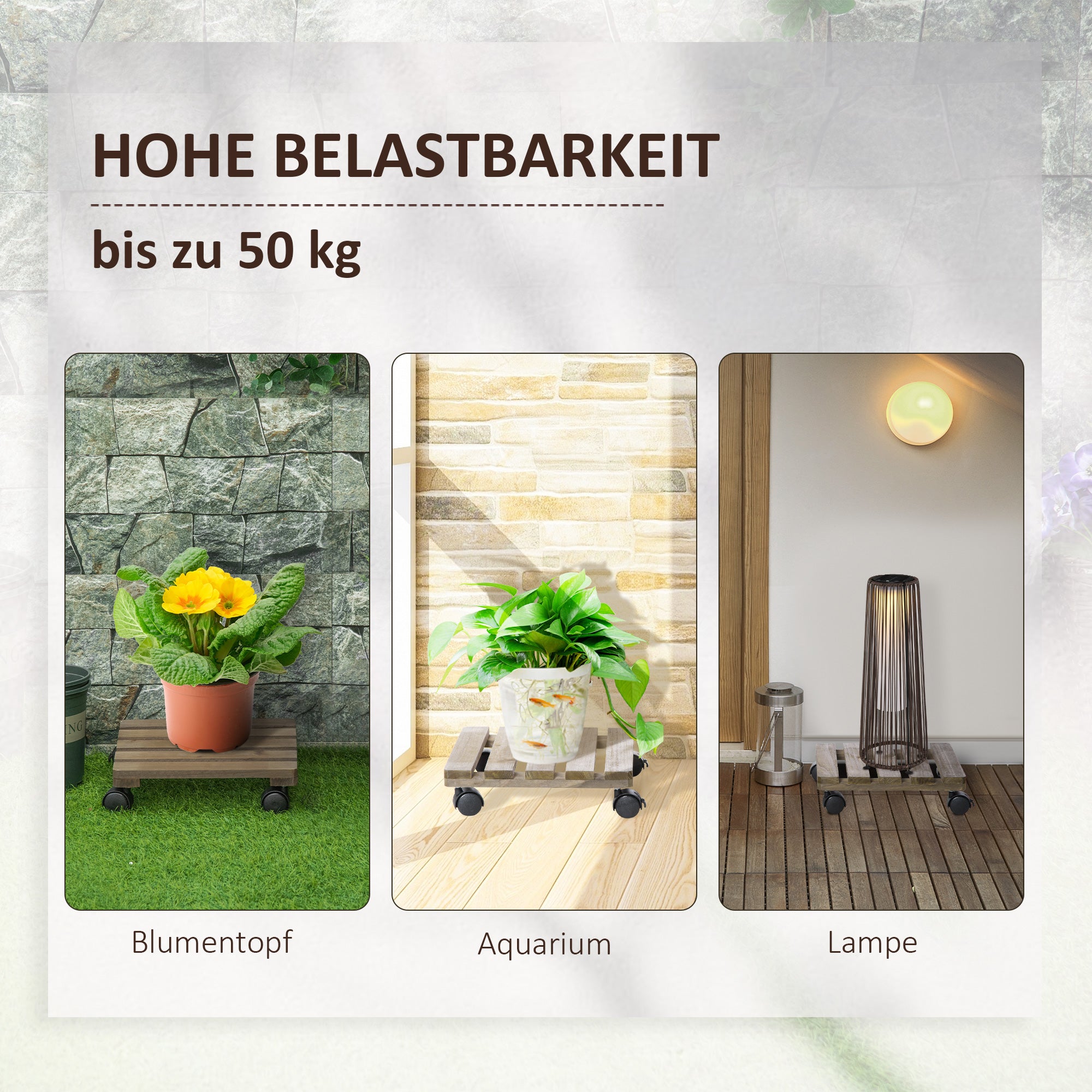 Set of 2 Plant Rollers, Flower Roller, Rolling Plant Stand with Brakes, 30 x 30 cm for Indoor and Outdoor Plants, Pine Wood, Dark Brown