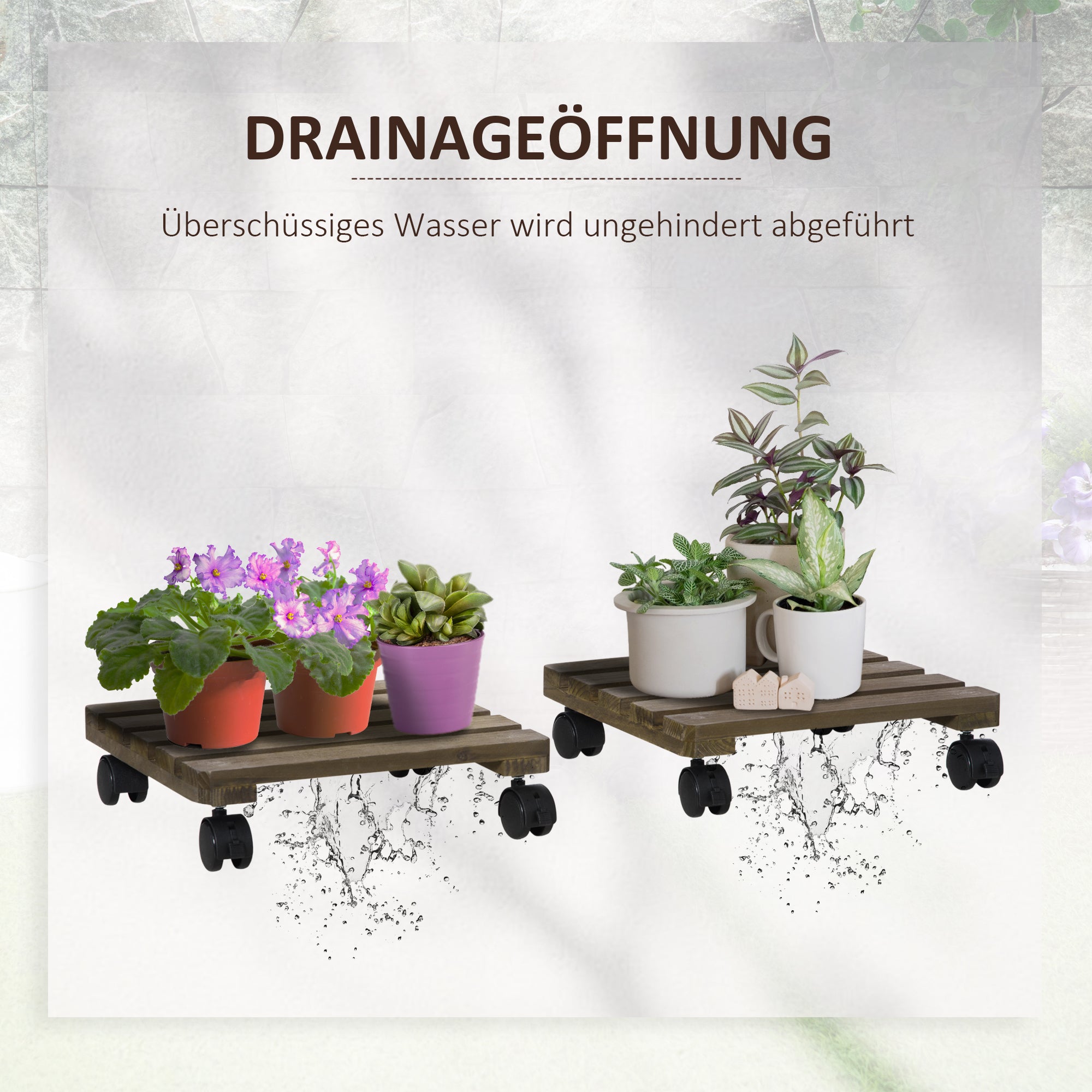Set of 2 Plant Rollers, Flower Roller, Rolling Plant Stand with Brakes, 30 x 30 cm for Indoor and Outdoor Plants, Pine Wood, Dark Brown