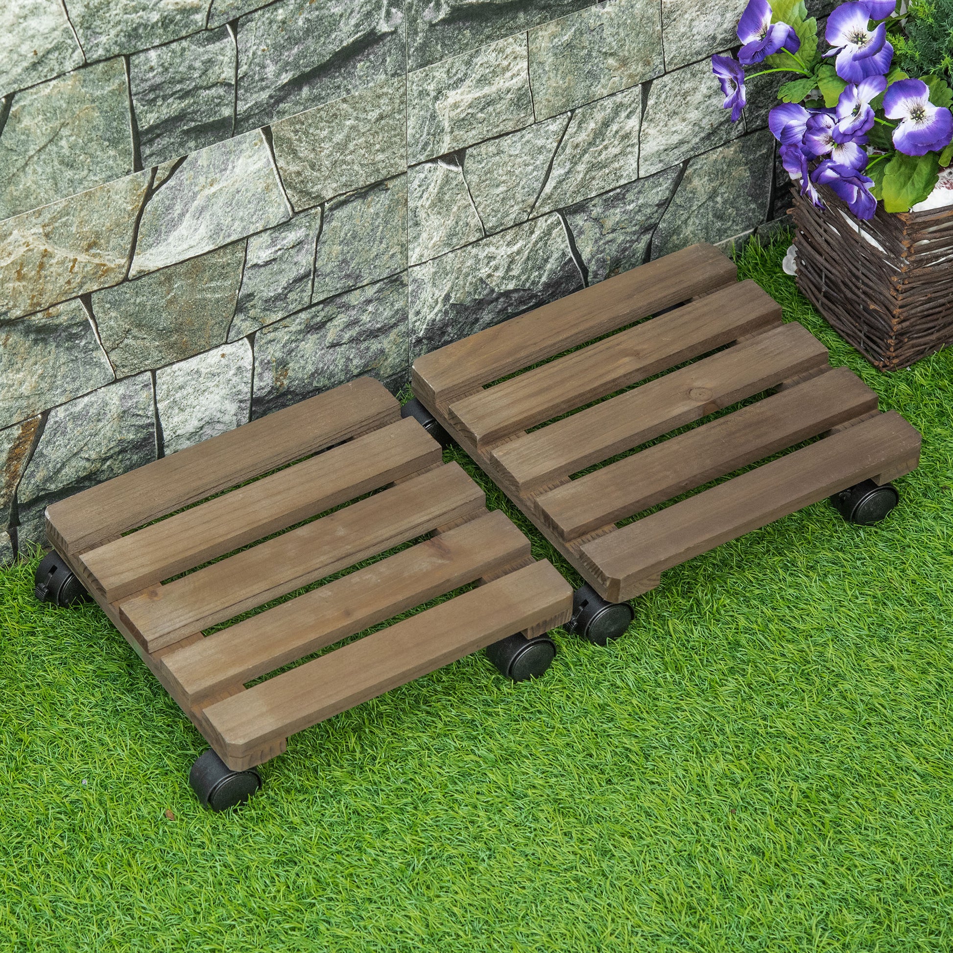Set of 2 Plant Rollers, Flower Roller, Rolling Plant Stand with Brakes, 30 x 30 cm for Indoor and Outdoor Plants, Pine Wood, Dark Brown