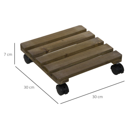 Set of 2 Plant Rollers, Flower Roller, Rolling Plant Stand with Brakes, 30 x 30 cm for Indoor and Outdoor Plants, Pine Wood, Dark Brown