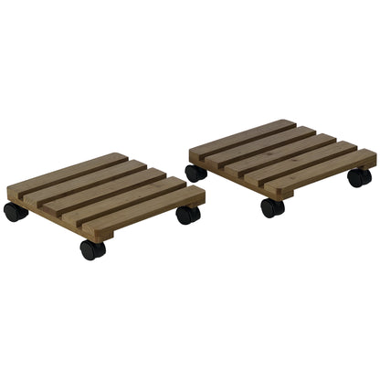 Set of 2 Plant Rollers, Flower Roller, Rolling Plant Stand with Brakes, 30 x 30 cm for Indoor and Outdoor Plants, Pine Wood, Dark Brown