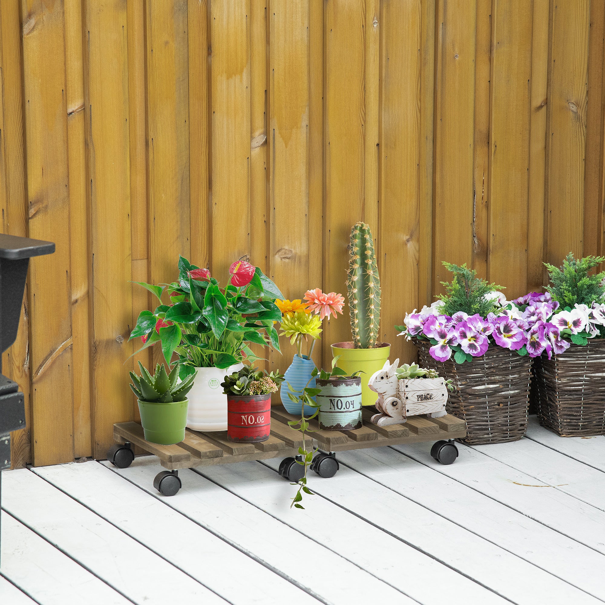 Set of 2 Plant Rollers, Flower Roller, Rolling Plant Stand with Brakes, 30 x 30 cm for Indoor and Outdoor Plants, Pine Wood, Dark Brown