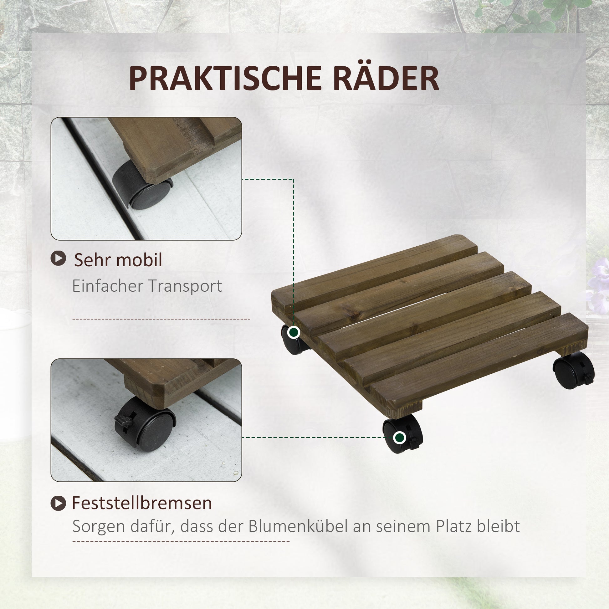 Set of 2 Plant Rollers, Flower Roller, Rolling Plant Stand with Brakes, 30 x 30 cm for Indoor and Outdoor Plants, Pine Wood, Dark Brown