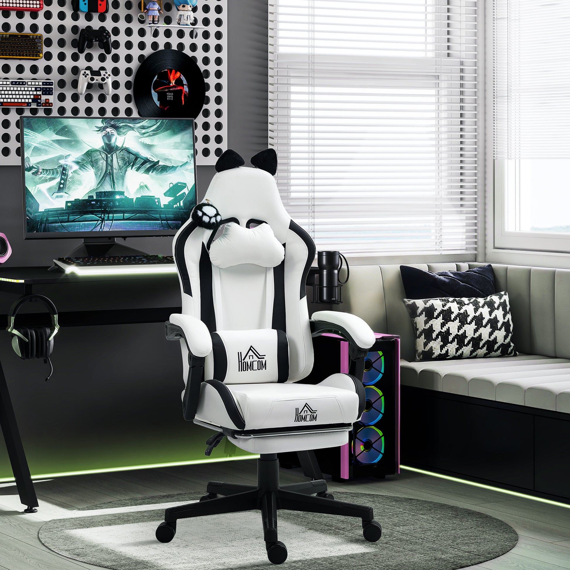 Gaming Chair with Cat Ears Reclining Gamer Chair with Adjustable Height Retractable Footrest Lumbar Support and Detachable Headrest Chair for Office Study White