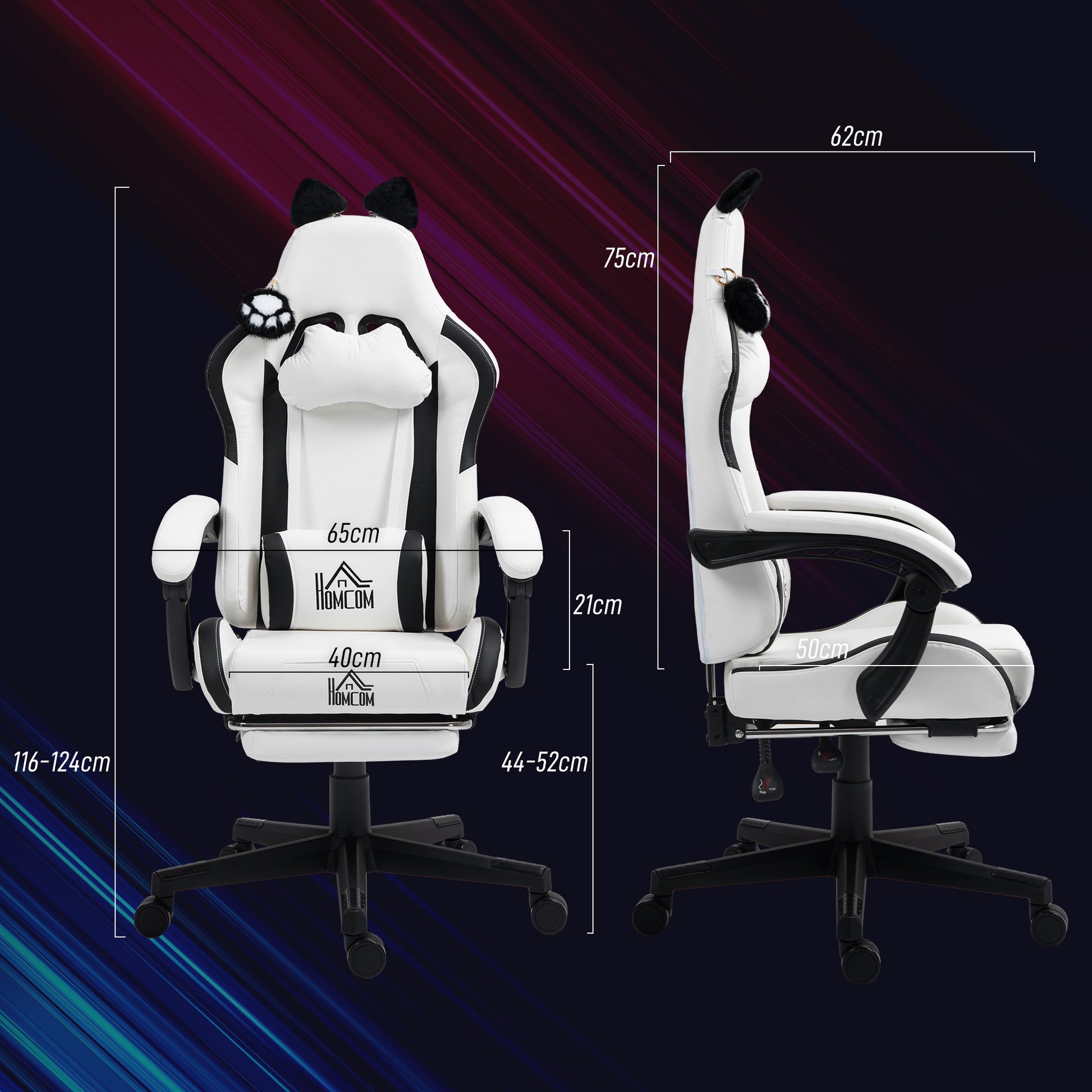 Gaming Chair with Cat Ears Reclining Gamer Chair with Adjustable Height Retractable Footrest Lumbar Support and Detachable Headrest Chair for Office Study White