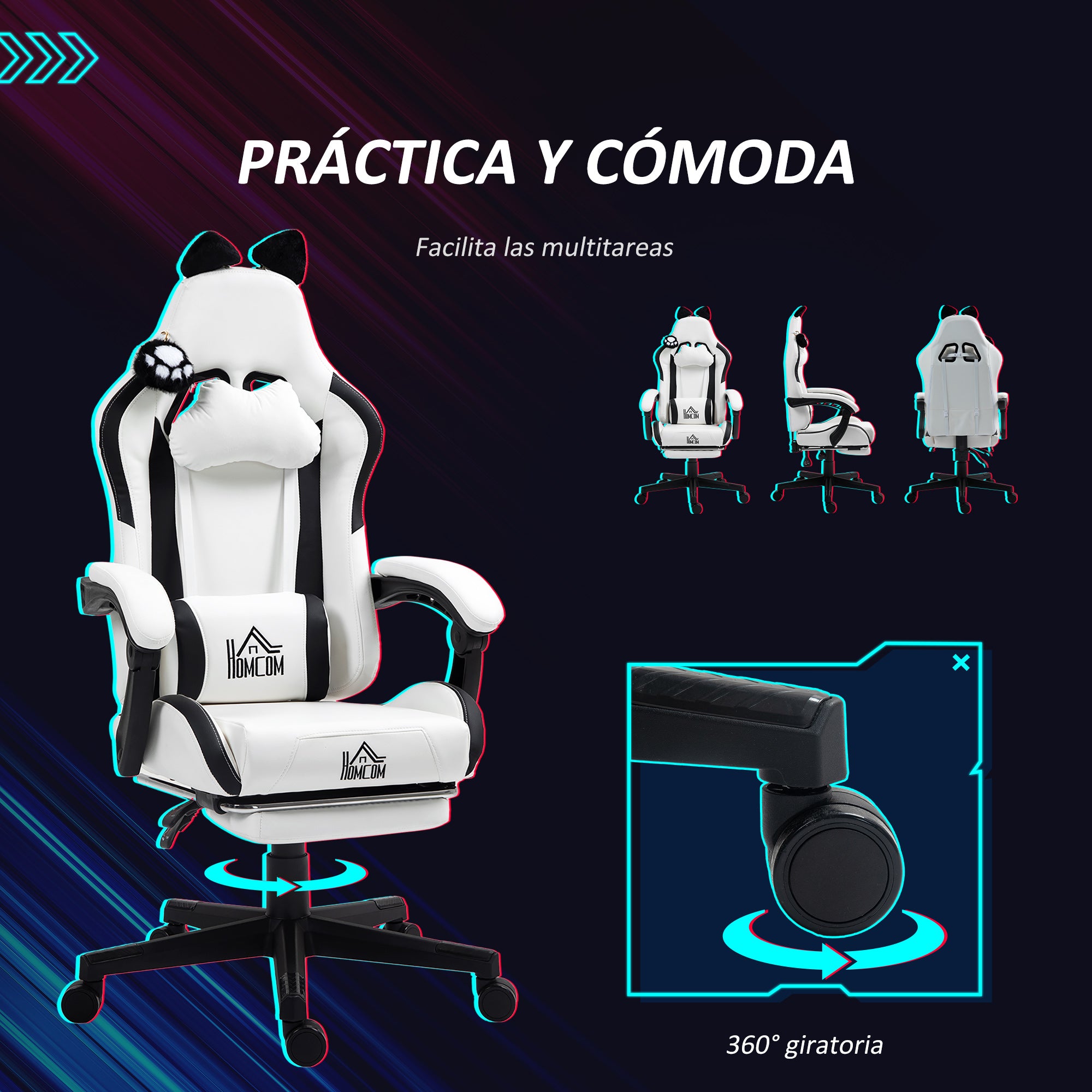 Gaming Chair with Cat Ears Reclining Gamer Chair with Adjustable Height Retractable Footrest Lumbar Support and Detachable Headrest Chair for Office Study White