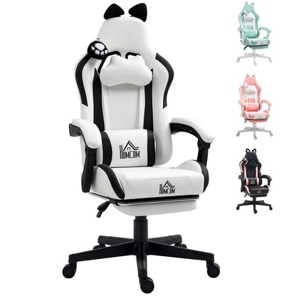 Gaming Chair with Cat Ears Reclining Gamer Chair with Adjustable Height Retractable Footrest Lumbar Support and Detachable Headrest Chair for Office Study White