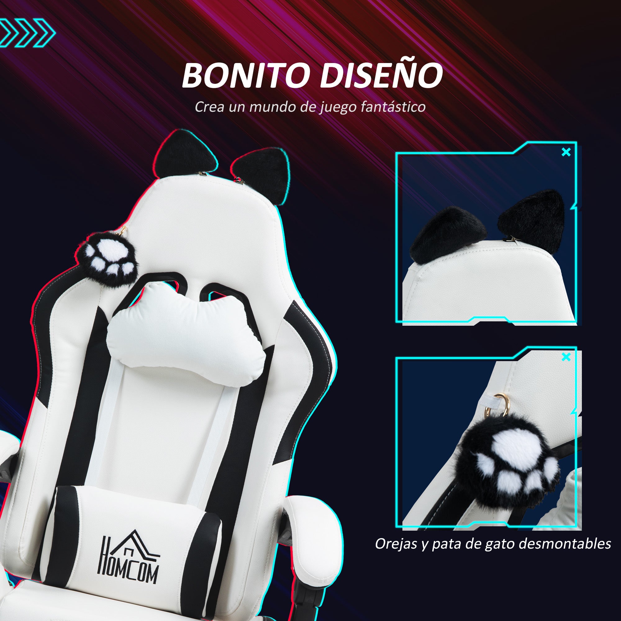 Gaming Chair with Cat Ears Reclining Gamer Chair with Adjustable Height Retractable Footrest Lumbar Support and Detachable Headrest Chair for Office Study White