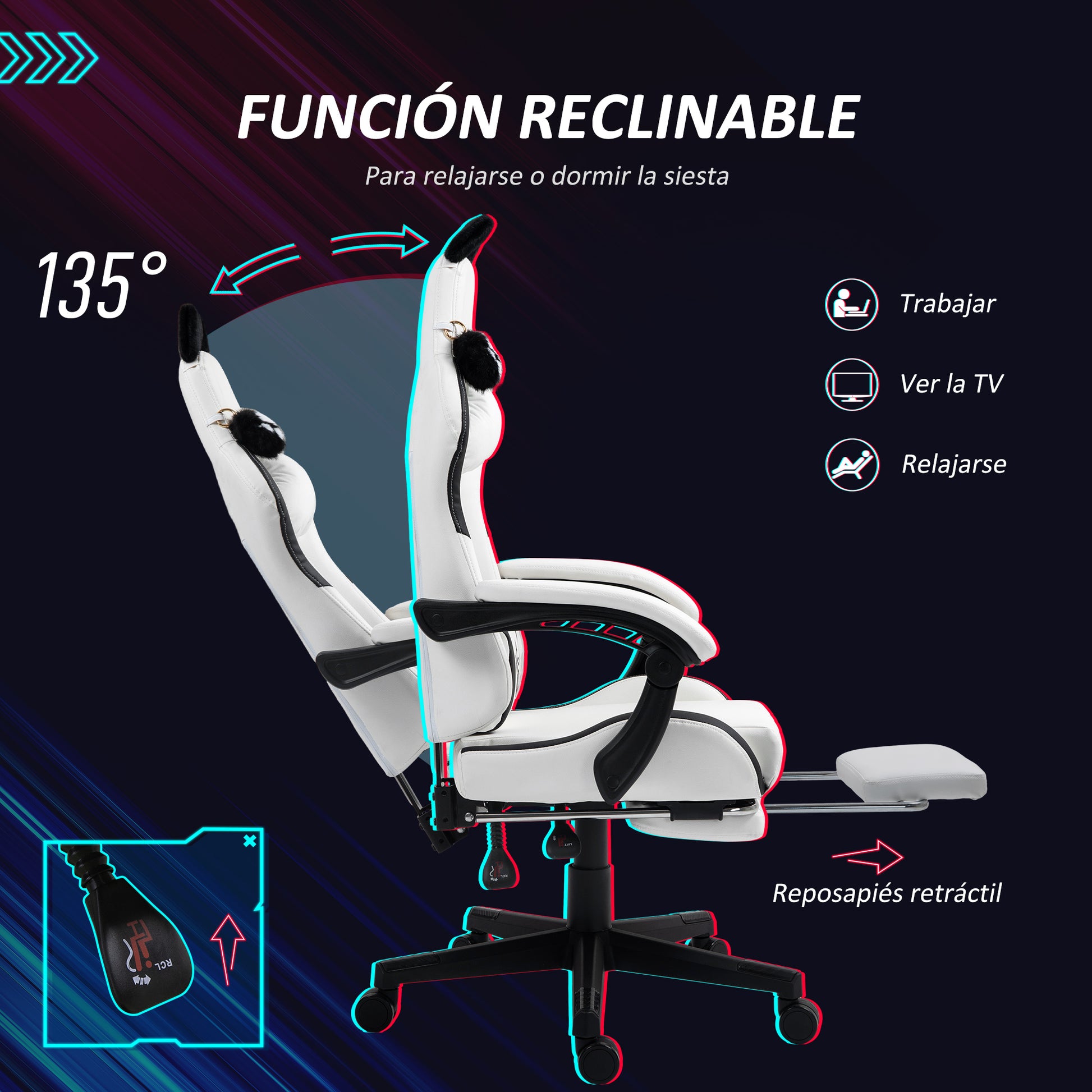 Gaming Chair with Cat Ears Reclining Gamer Chair with Adjustable Height Retractable Footrest Lumbar Support and Detachable Headrest Chair for Office Study White