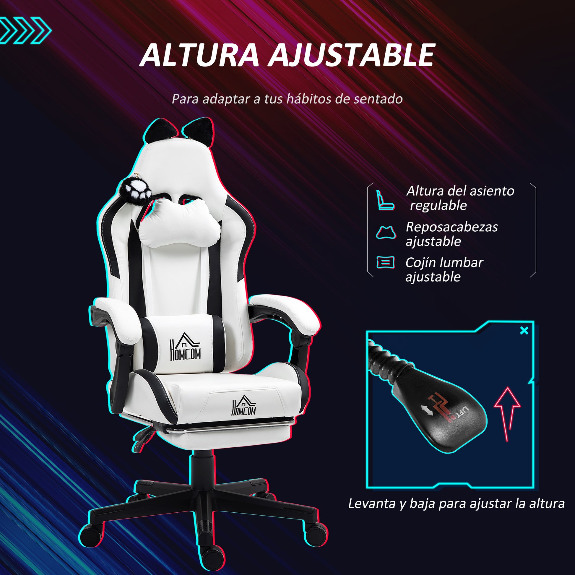Gaming Chair with Cat Ears Reclining Gamer Chair with Adjustable Height Retractable Footrest Lumbar Support and Detachable Headrest Chair for Office Study White