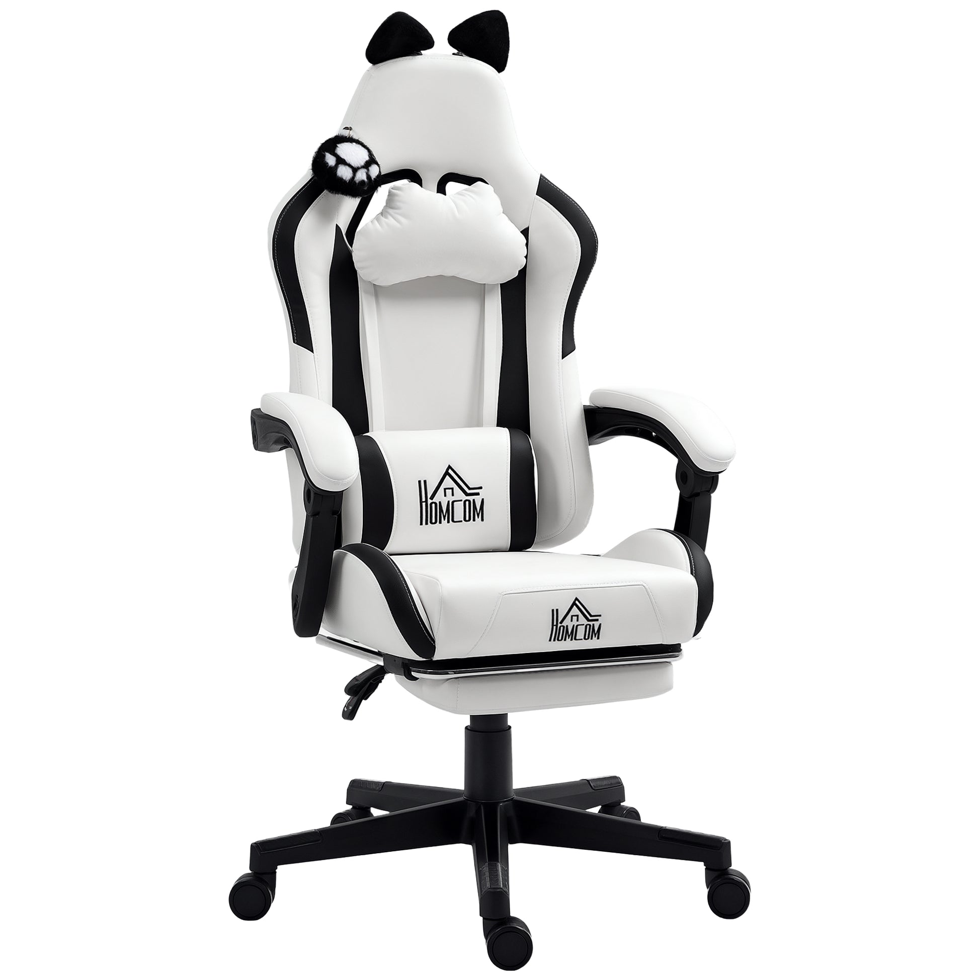 Gaming Chair with Cat Ears Reclining Gamer Chair with Adjustable Height Retractable Footrest Lumbar Support and Detachable Headrest Chair for Office Study White