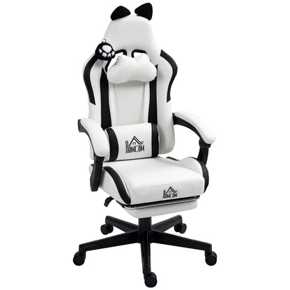 Gaming Chair with Cat Ears Reclining Gamer Chair with Adjustable Height Retractable Footrest Lumbar Support and Detachable Headrest Chair for Office Study White