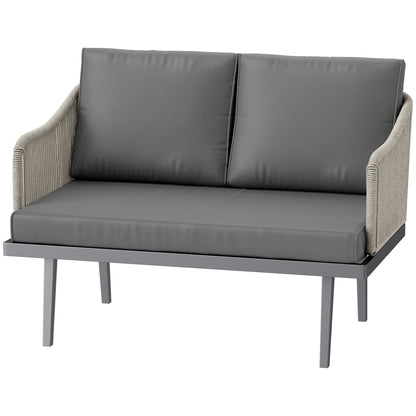 2-Seater Rattan Garden Sofa with Cushions, Outdoor Sofa with Armrests, Steel Frame for Garden, Dark Grey