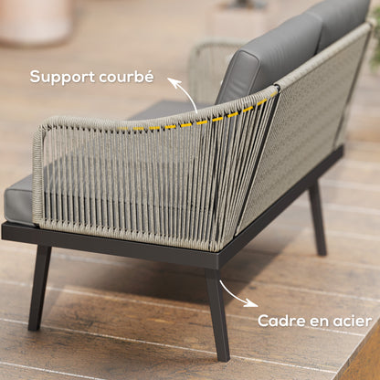 2-Seater Rattan Garden Sofa with Cushions, Outdoor Sofa with Armrests, Steel Frame for Garden, Dark Grey