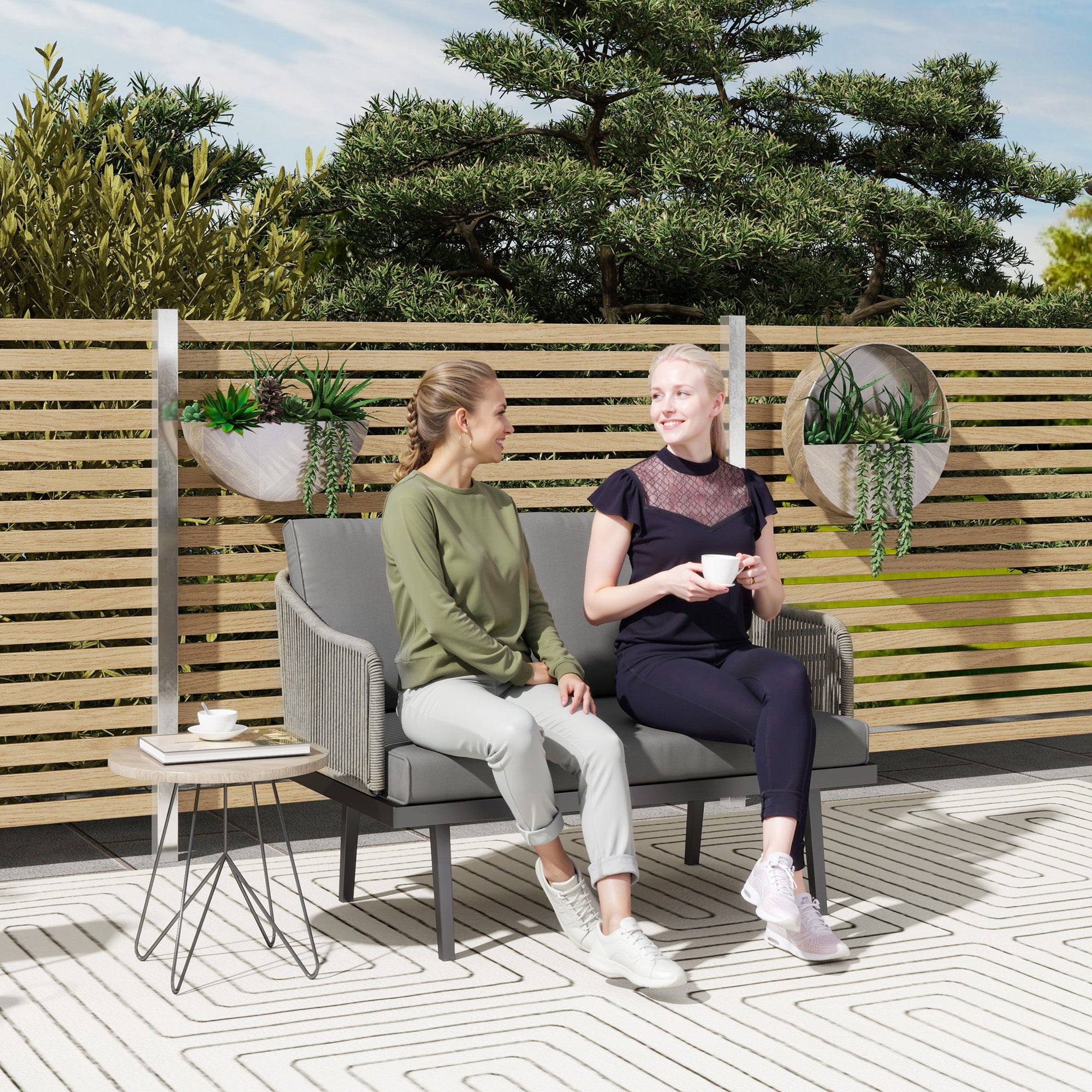 2-Seater Rattan Garden Sofa with Cushions, Outdoor Sofa with Armrests, Steel Frame for Garden, Dark Grey