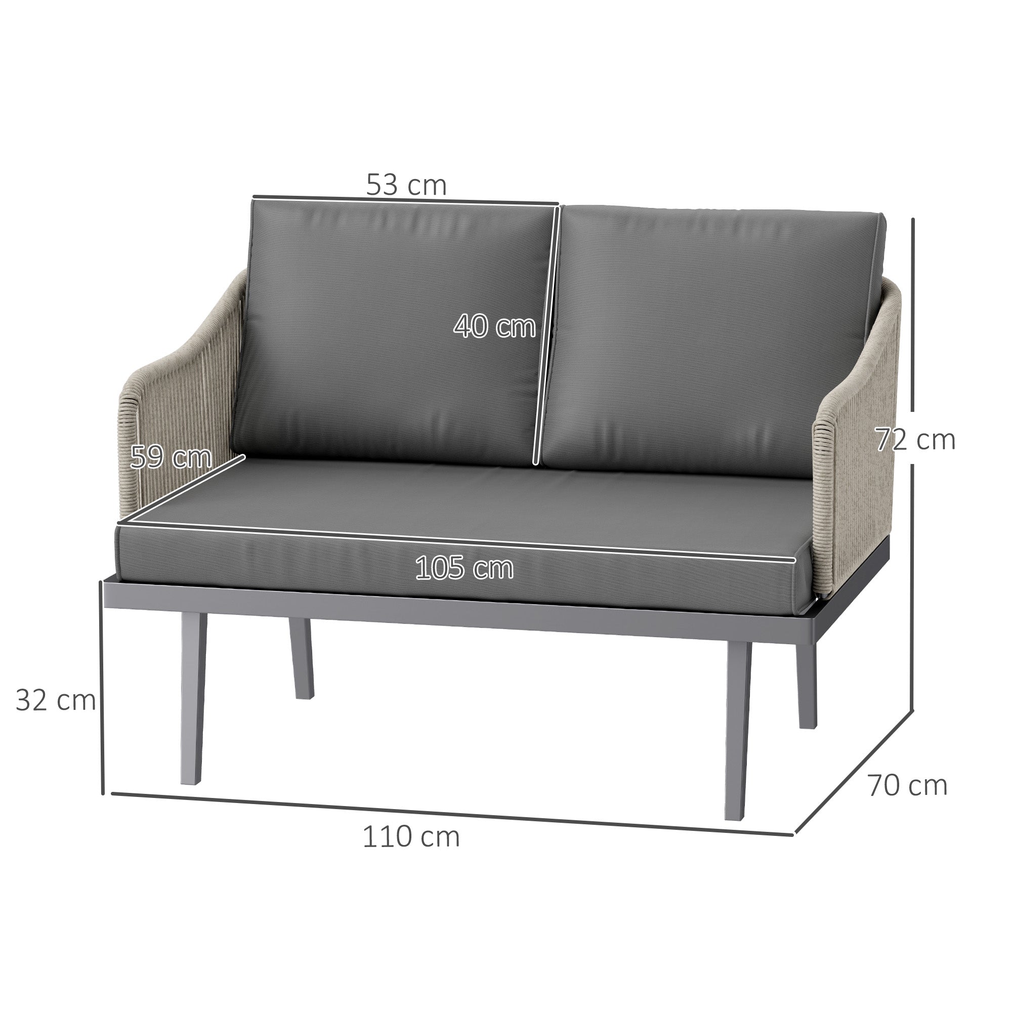 2-Seater Rattan Garden Sofa with Cushions, Outdoor Sofa with Armrests, Steel Frame for Garden, Dark Grey