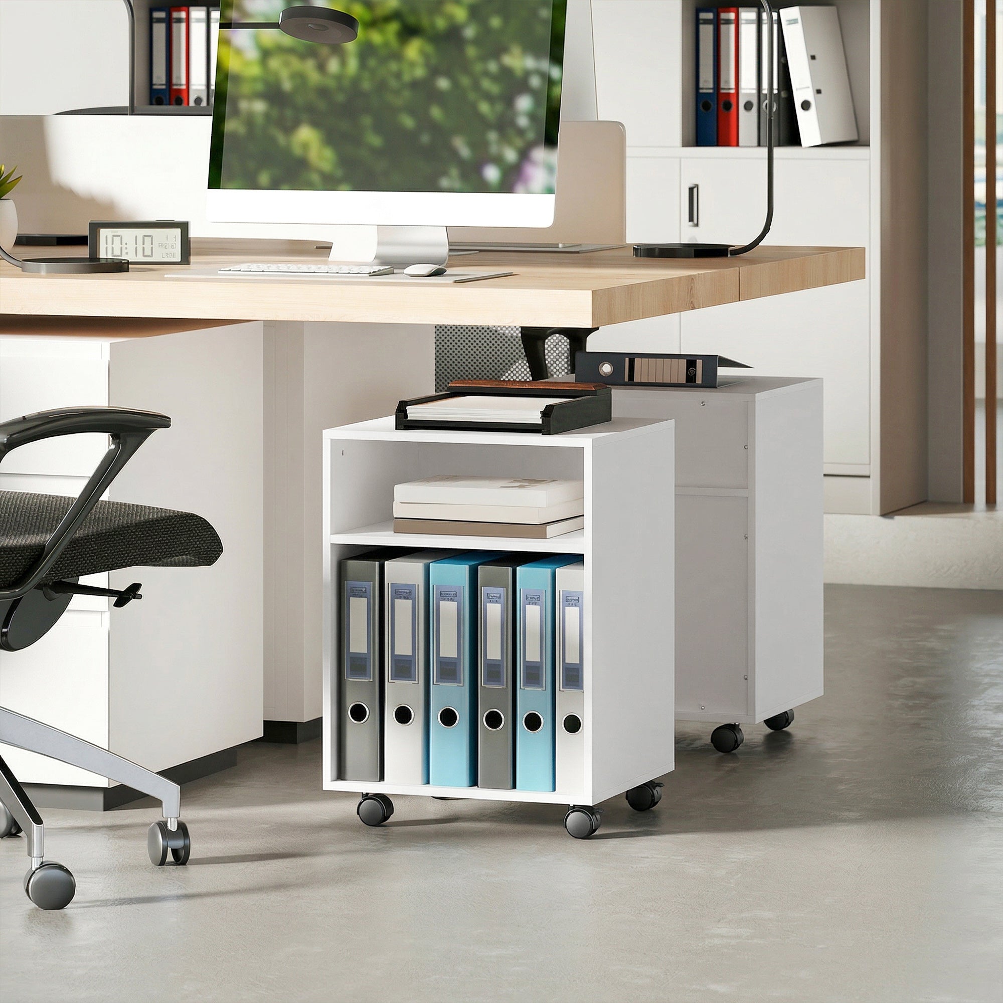 Printer Stand with 2 Open Shelves & Locking Wheels — Desk Organizer for Printer, Fax, Scanner — 15.7 x 13.8 x 22.0 in, White