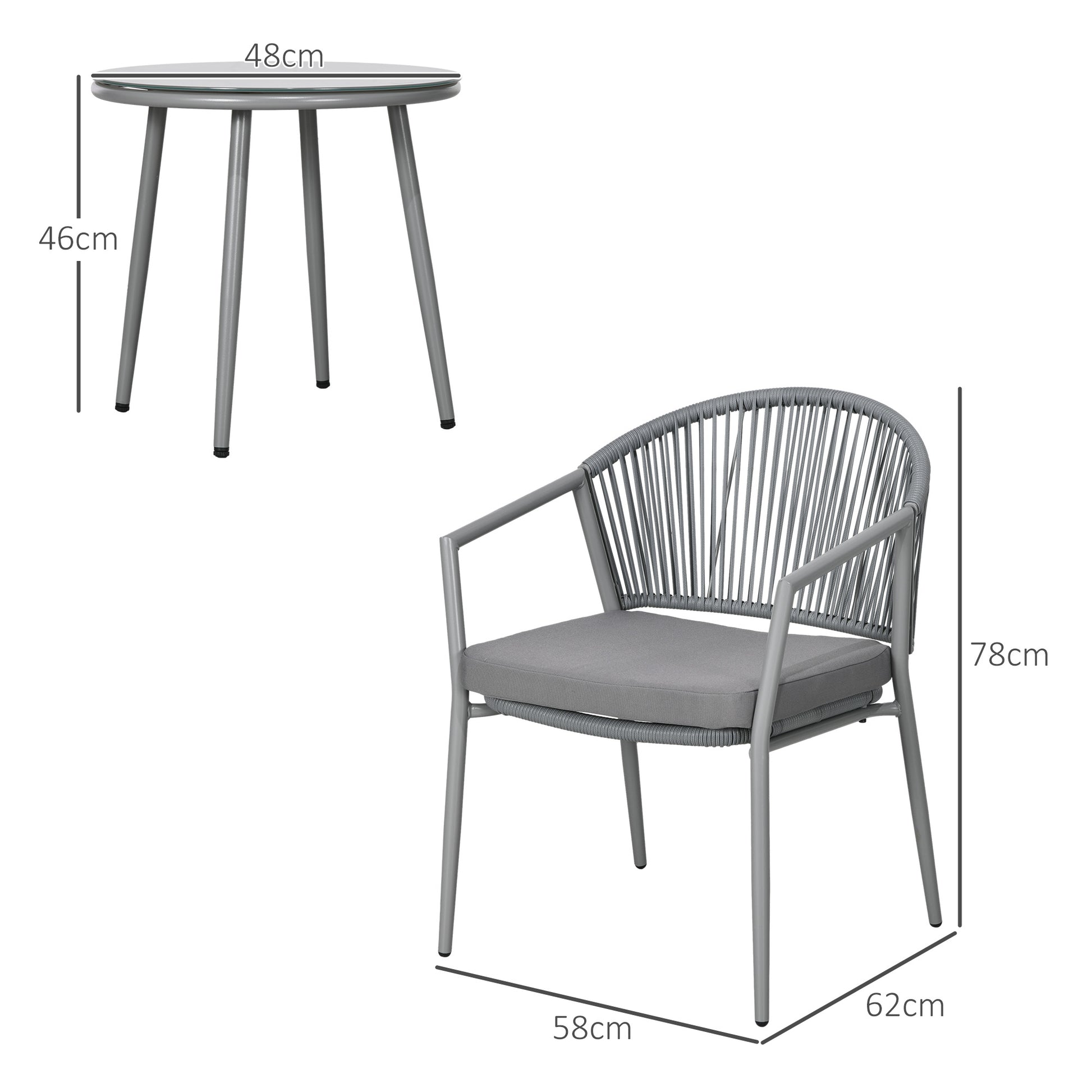 3-Piece Rattan Bistro Set, Seating Group, Garden Furniture with 2 Garden Chairs, Coffee Table, Balcony Furniture Set for Garden, Terrace, Steel, Gray