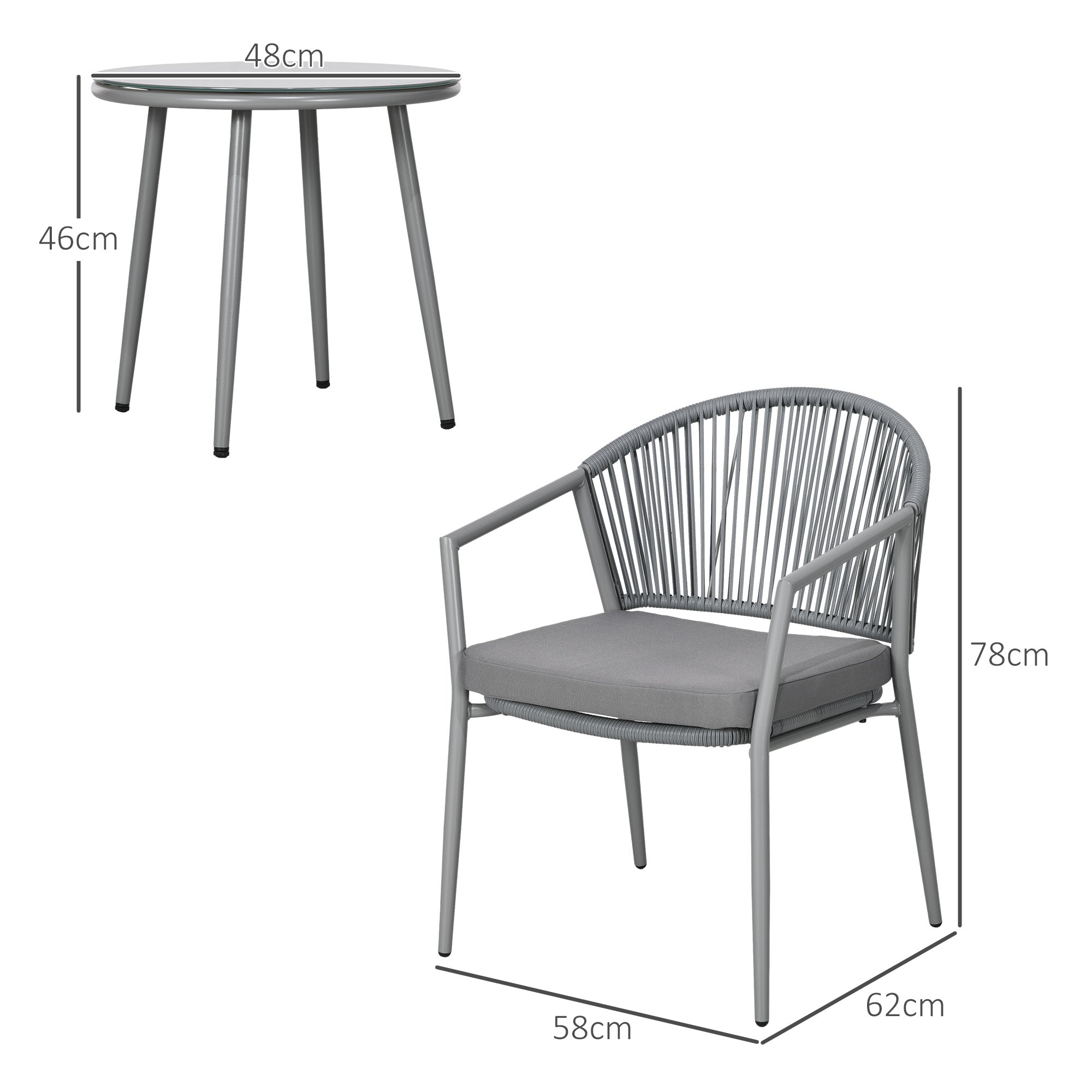 3-Piece Rattan Bistro Set, Seating Group, Garden Furniture with 2 Garden Chairs, Coffee Table, Balcony Furniture Set for Garden, Terrace, Steel, Gray