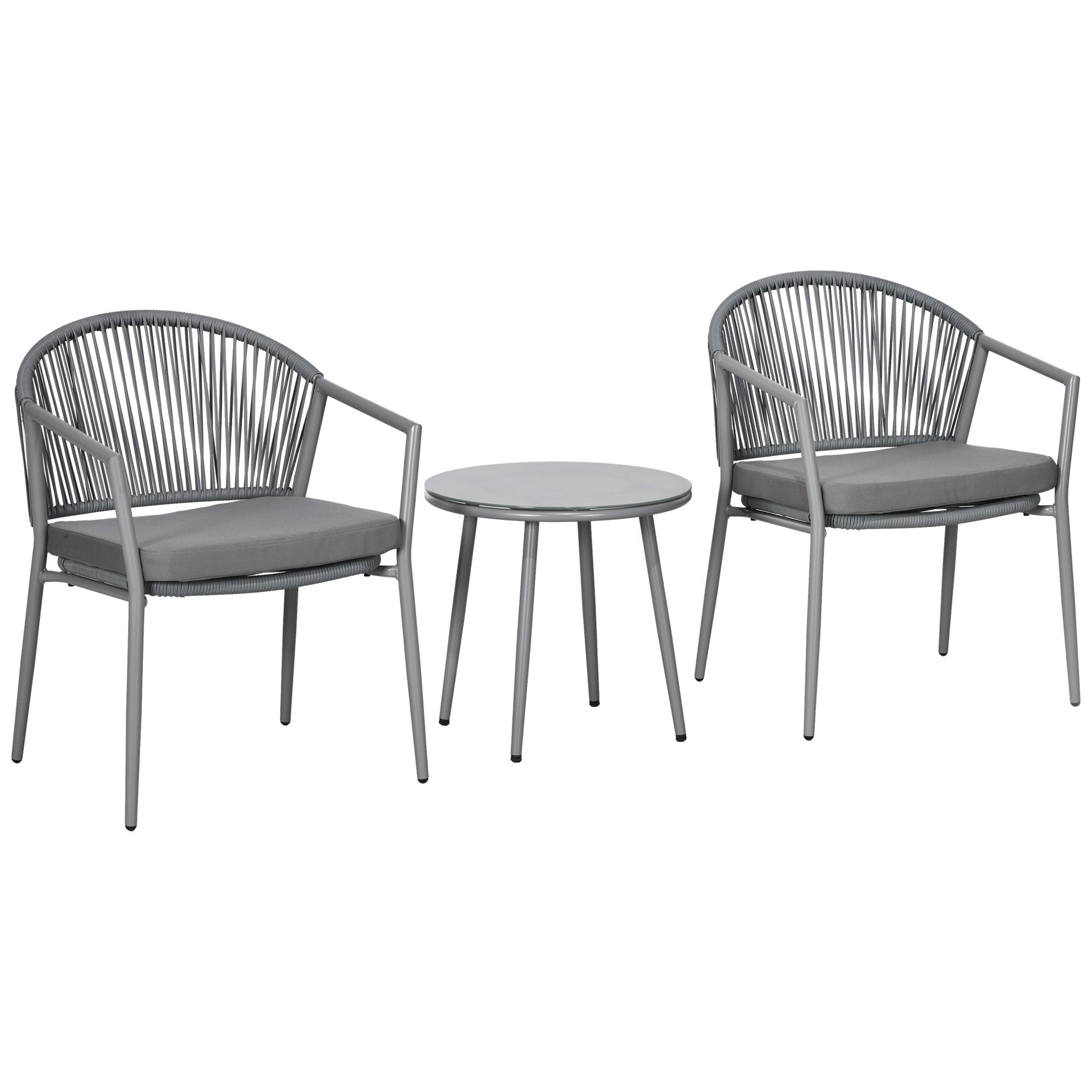 3-Piece Rattan Bistro Set, Seating Group, Garden Furniture with 2 Garden Chairs, Coffee Table, Balcony Furniture Set for Garden, Terrace, Steel, Gray