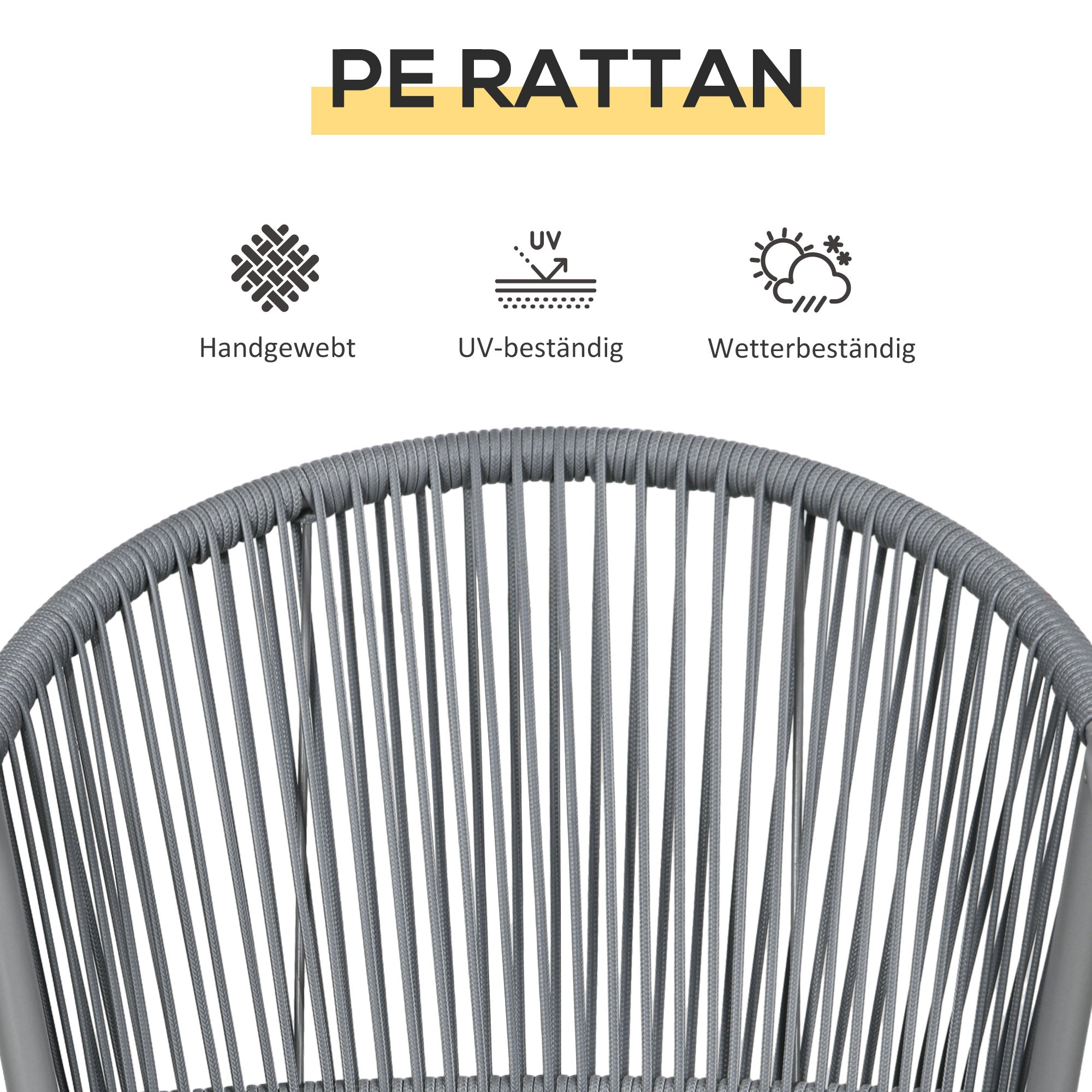 3-Piece Rattan Bistro Set, Seating Group, Garden Furniture with 2 Garden Chairs, Coffee Table, Balcony Furniture Set for Garden, Terrace, Steel, Gray