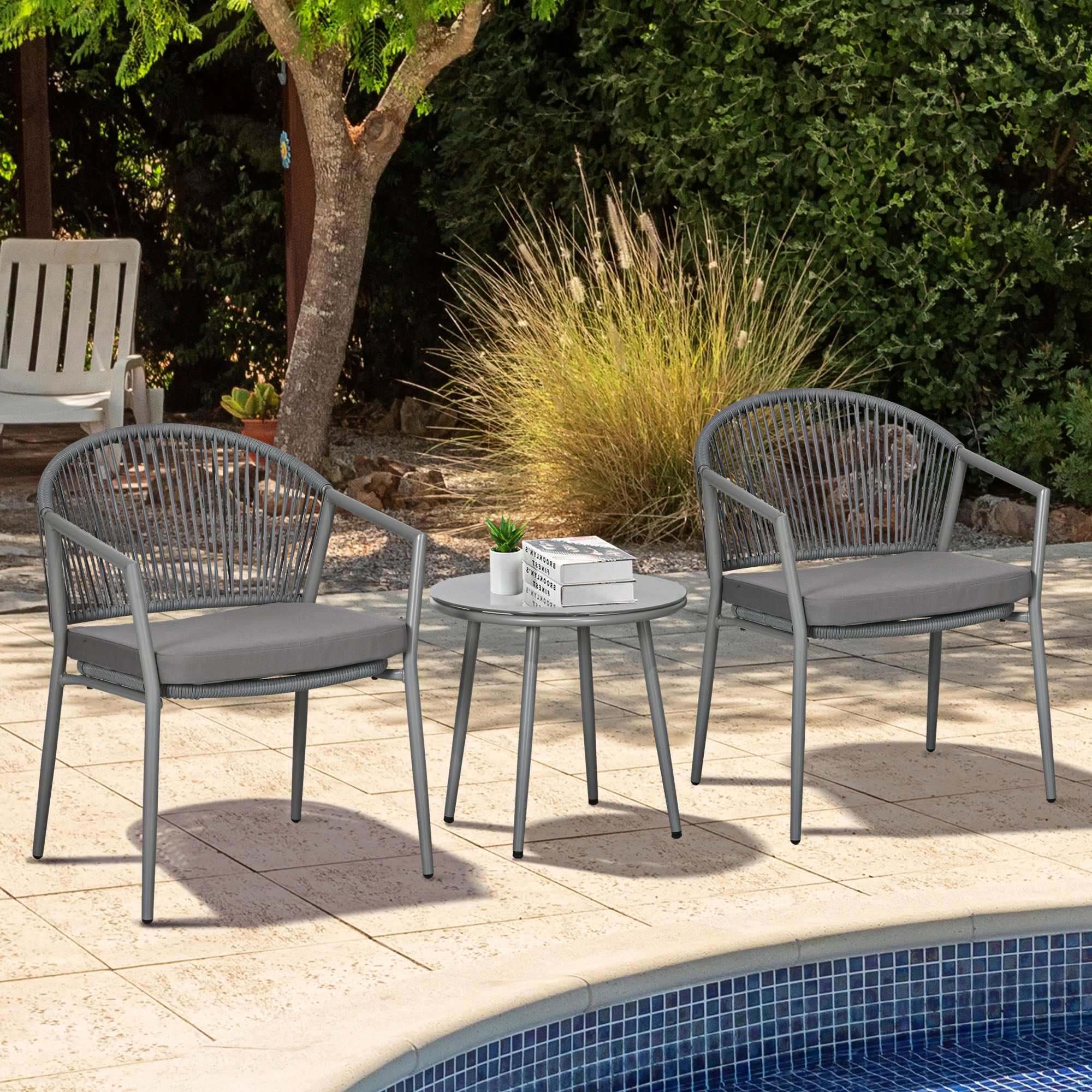 3-Piece Rattan Bistro Set, Seating Group, Garden Furniture with 2 Garden Chairs, Coffee Table, Balcony Furniture Set for Garden, Terrace, Steel, Gray