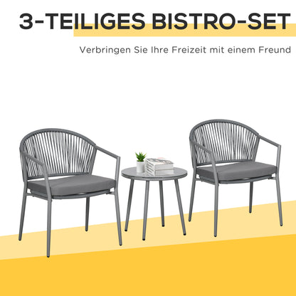 3-Piece Rattan Bistro Set, Seating Group, Garden Furniture with 2 Garden Chairs, Coffee Table, Balcony Furniture Set for Garden, Terrace, Steel, Gray