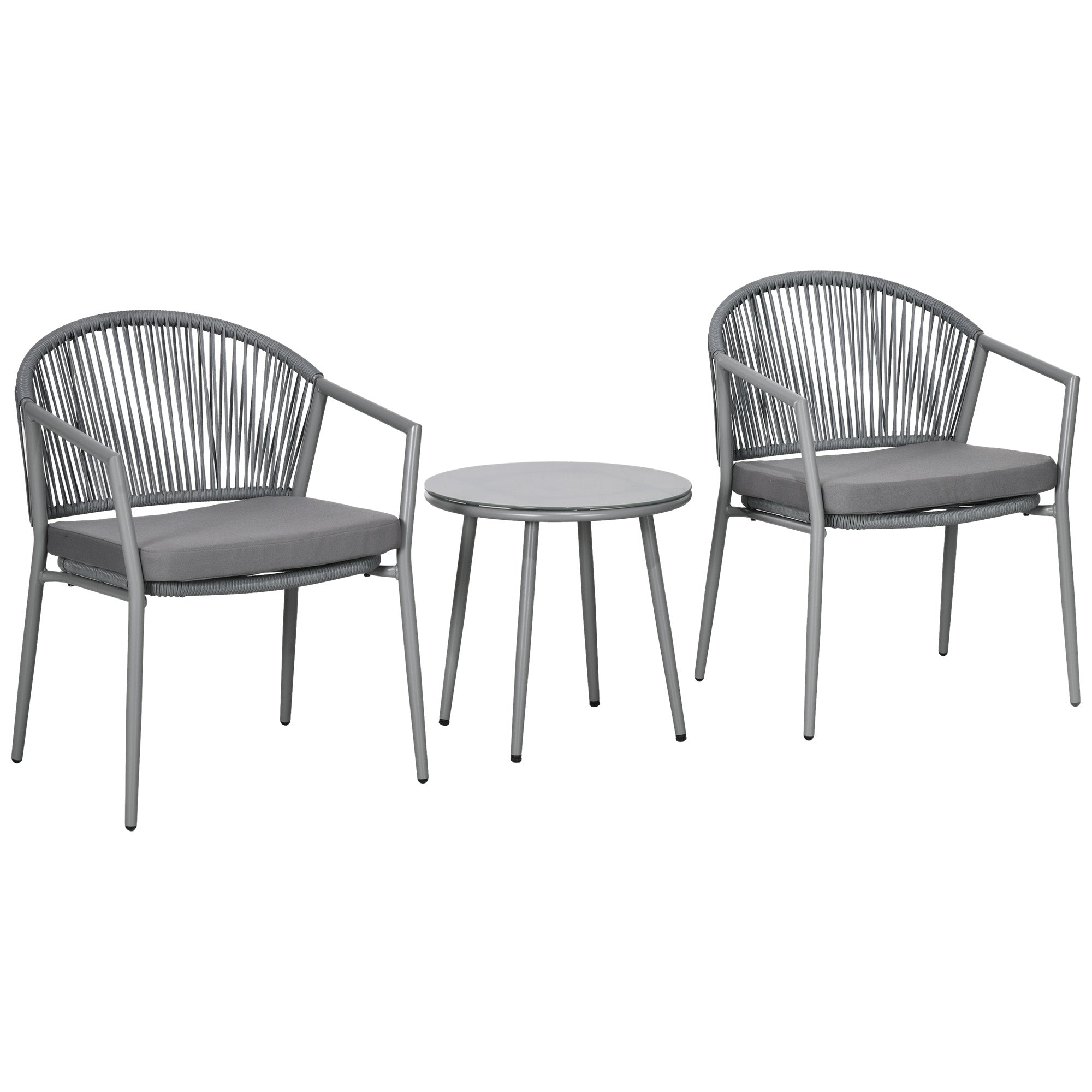 3-Piece Rattan Bistro Set, Seating Group, Garden Furniture with 2 Garden Chairs, Coffee Table, Balcony Furniture Set for Garden, Terrace, Steel, Gray