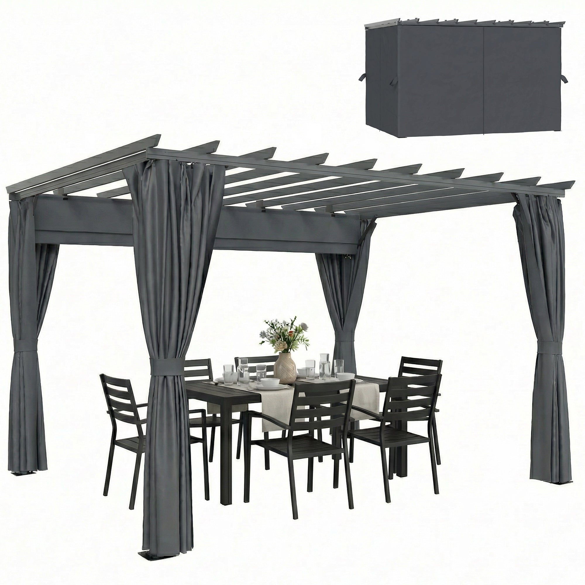 Pergola approx. 3.6 x 3.0 m Garden Pavilion — Aluminum Patio Canopy with Adjustable Retractable Roof, Freestanding Sun Shelter, Dark Gray