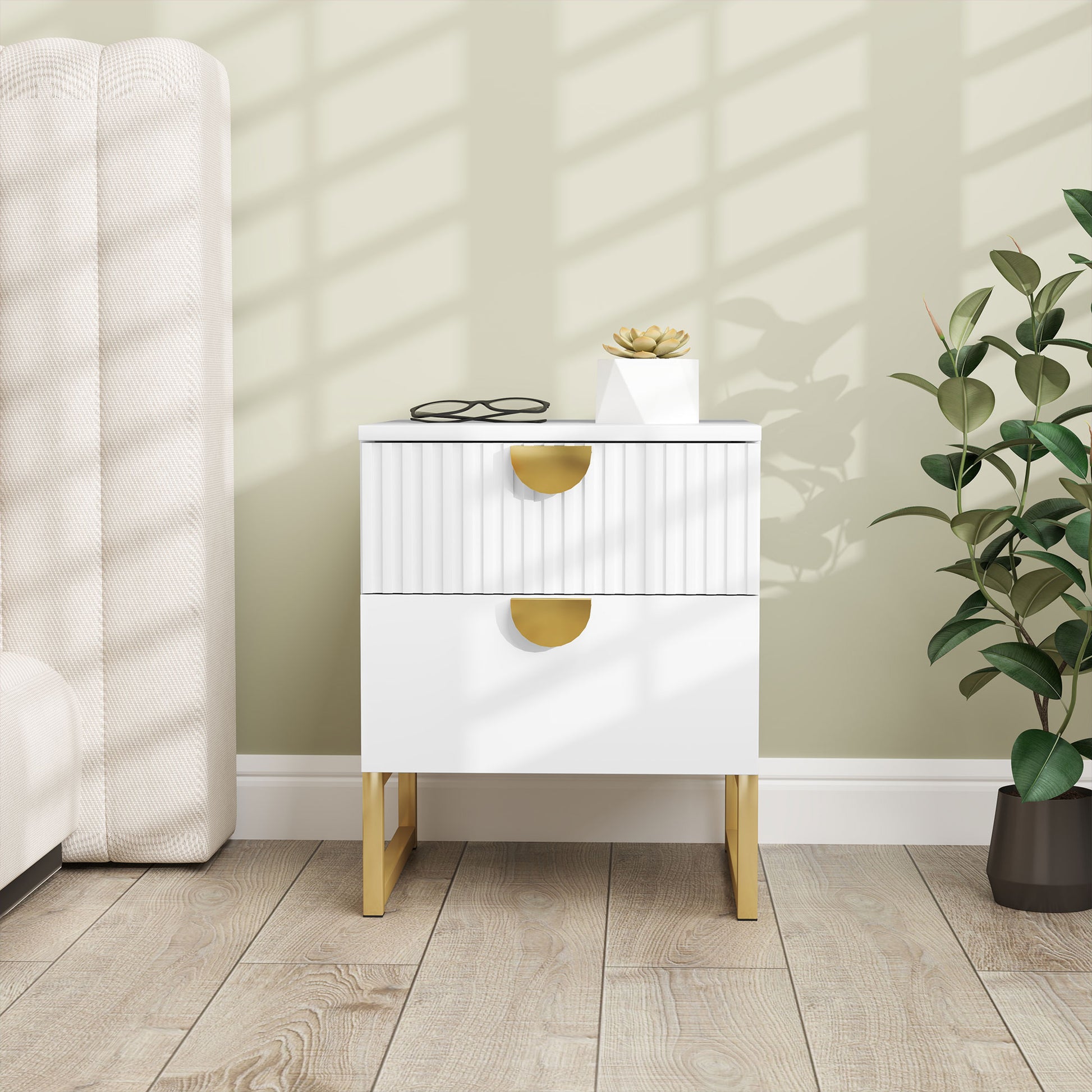 Nightstand with 2 Drawers, Side Table, Bedside Table with Gold-look Handles, Bedside Table for Bedroom, Living Room, 40 x 40 x 50 cm, White