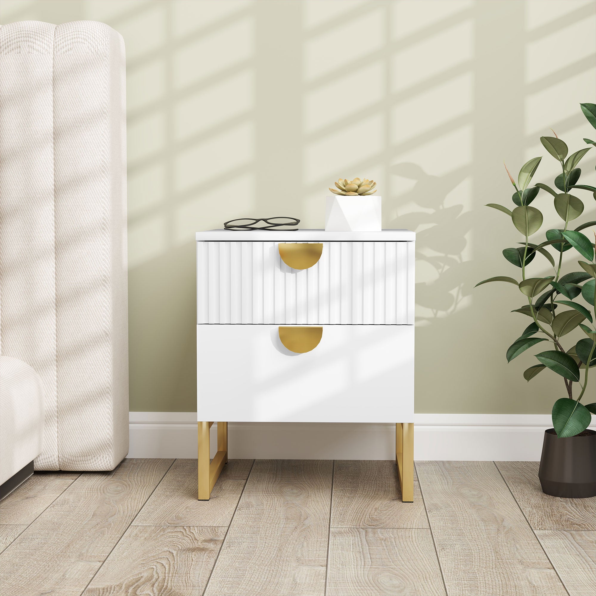 Nightstand with 2 Drawers, Side Table, Bedside Table with Gold-look Handles, Bedside Table for Bedroom, Living Room, 40 x 40 x 50 cm, White
