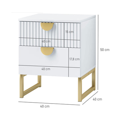Nightstand with 2 Drawers, Side Table, Bedside Table with Gold-look Handles, Bedside Table for Bedroom, Living Room, 40 x 40 x 50 cm, White
