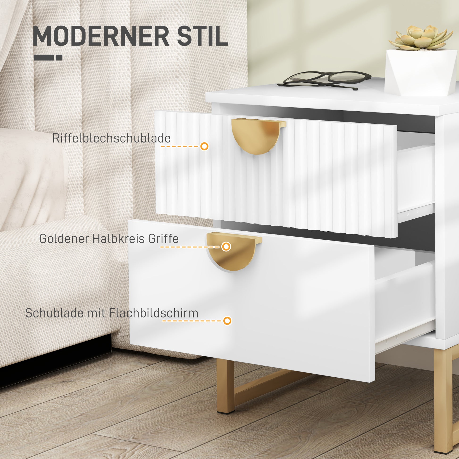 Nightstand with 2 Drawers, Side Table, Bedside Table with Gold-look Handles, Bedside Table for Bedroom, Living Room, 40 x 40 x 50 cm, White