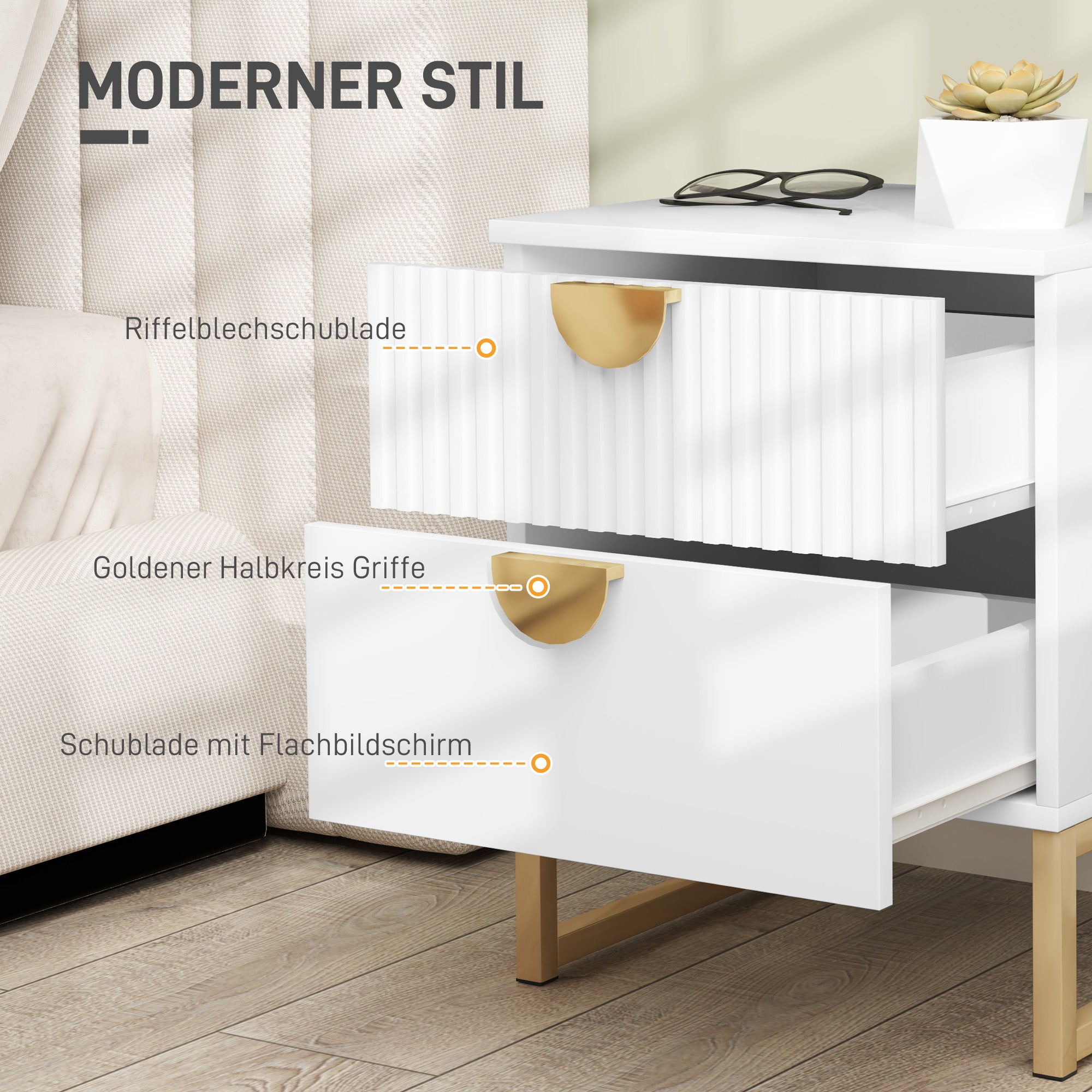 Nightstand with 2 Drawers, Side Table, Bedside Table with Gold-look Handles, Bedside Table for Bedroom, Living Room, 40 x 40 x 50 cm, White