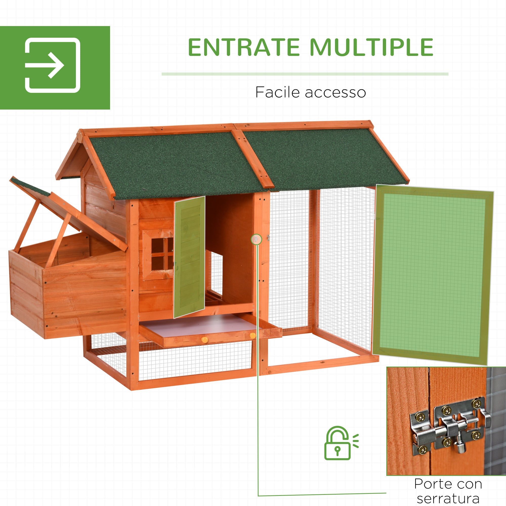 Prefabricated Wooden Chicken Coop with Nesting Box for Egg Laying Hens, Chicken Cage with Removable Tray for Garden, 170x74x106 cm