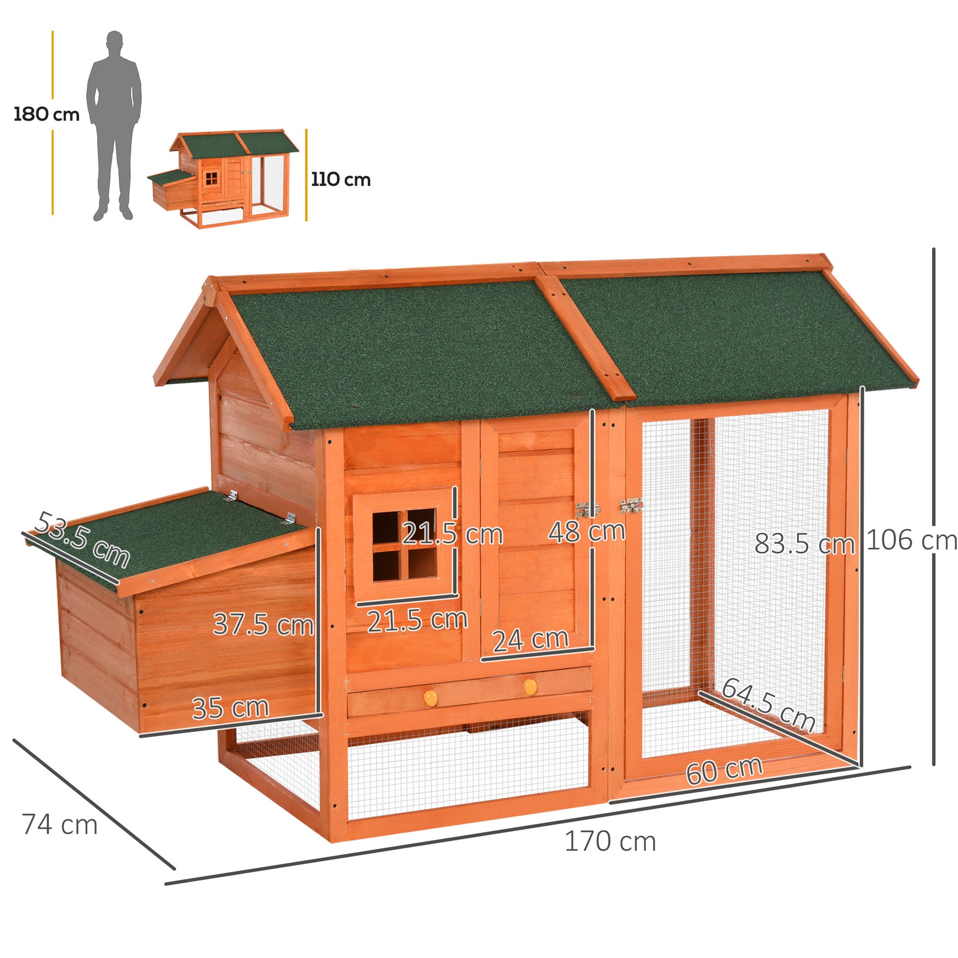 Prefabricated Wooden Chicken Coop with Nesting Box for Egg Laying Hens, Chicken Cage with Removable Tray for Garden, 170x74x106 cm