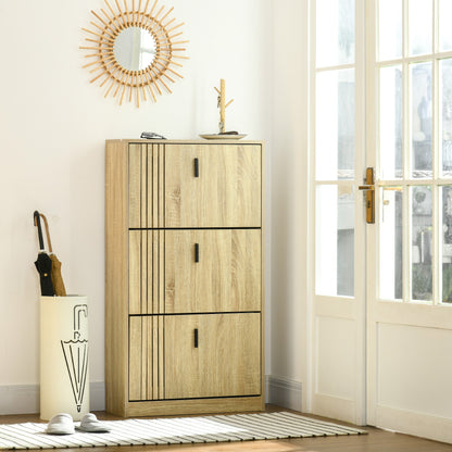 3-Flap Shoe Cabinet, 18 Pairs, 3-Compartment Shoe Cabinet, Large Capacity for Entryway, Hallway, Living Room, 63 x 24 x 117 cm, Oak