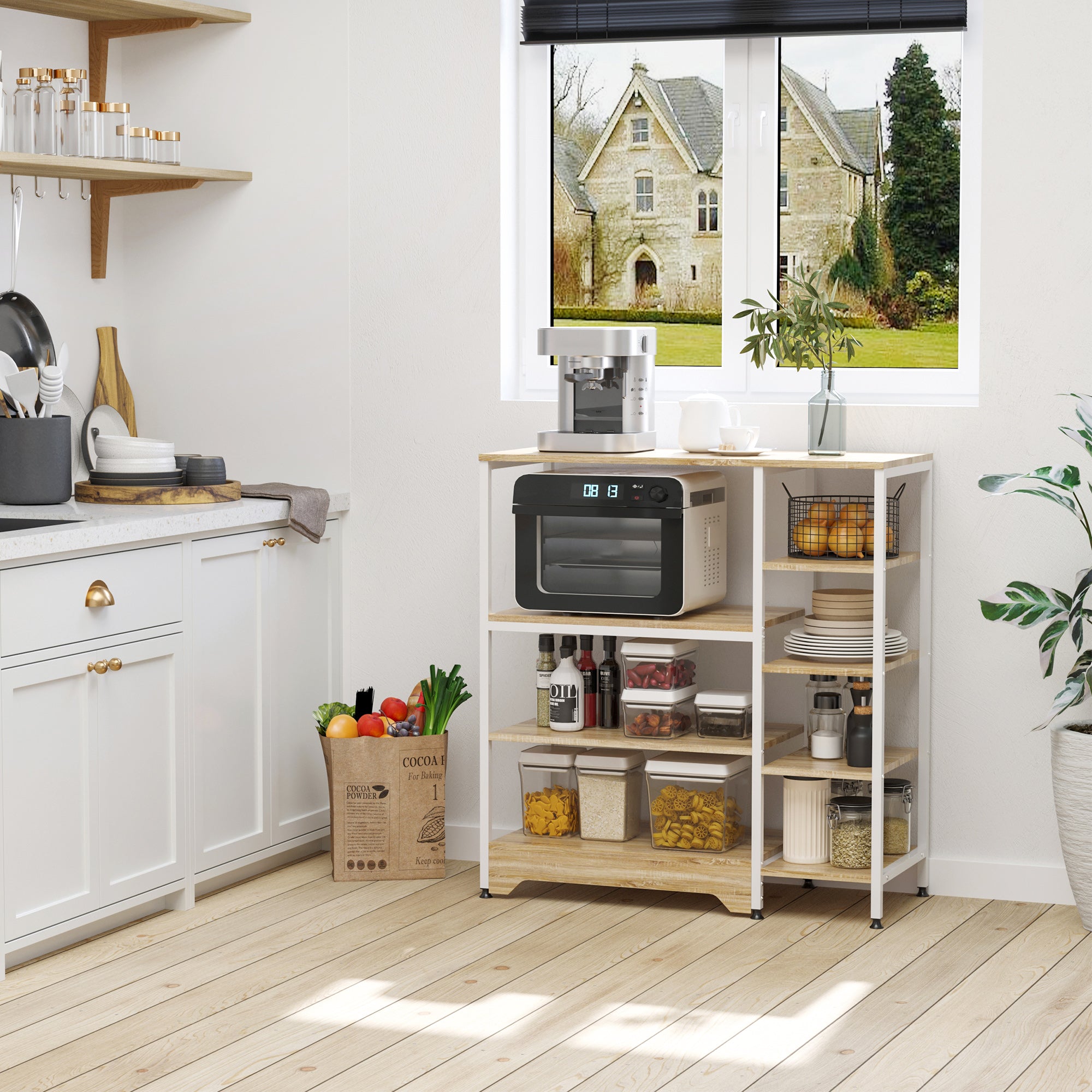 Kitchen Shelf Microwave Oven Multipurpose Storage Rack with 7 Shelves for Utensils Books Plants 90x40x95 cm Natural Wood