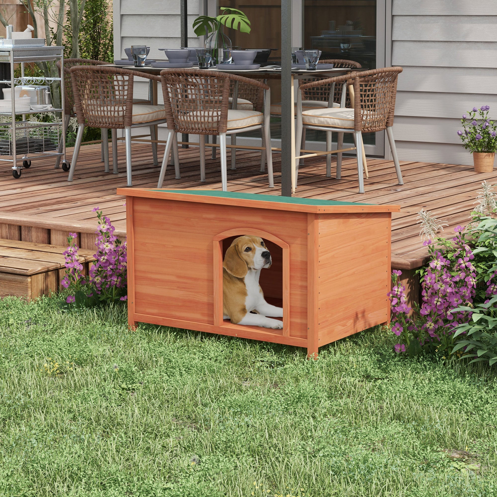 Wooden Dog House Pet House with Asphalt Roof, Dog House with Removable Floor, Elevated Design for Outdoor - Grey - 100 x 65.5 x 68 cm