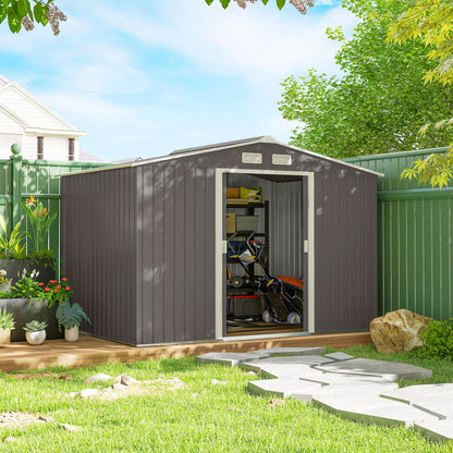 Tool Shed 4.9 m², Garden Shed with Pent Roof, Sliding Door, Foundation, 277 x 195 x 192 cm, Tool Shed Made of Galvanized Steel, Weatherproof, for Garden, Gray
